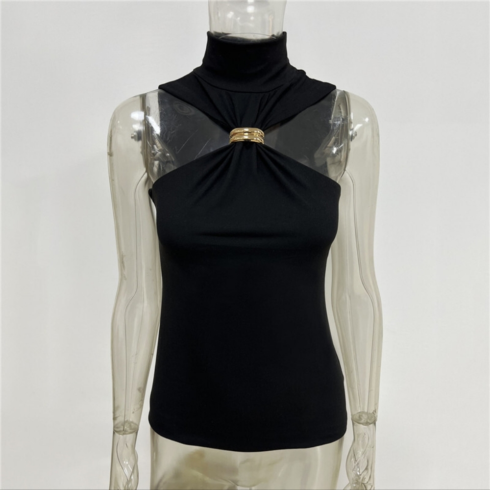Sleeveless Turtleneck Knit Tank Top Basic Metal Ring Camisole - Picture 6 of 6